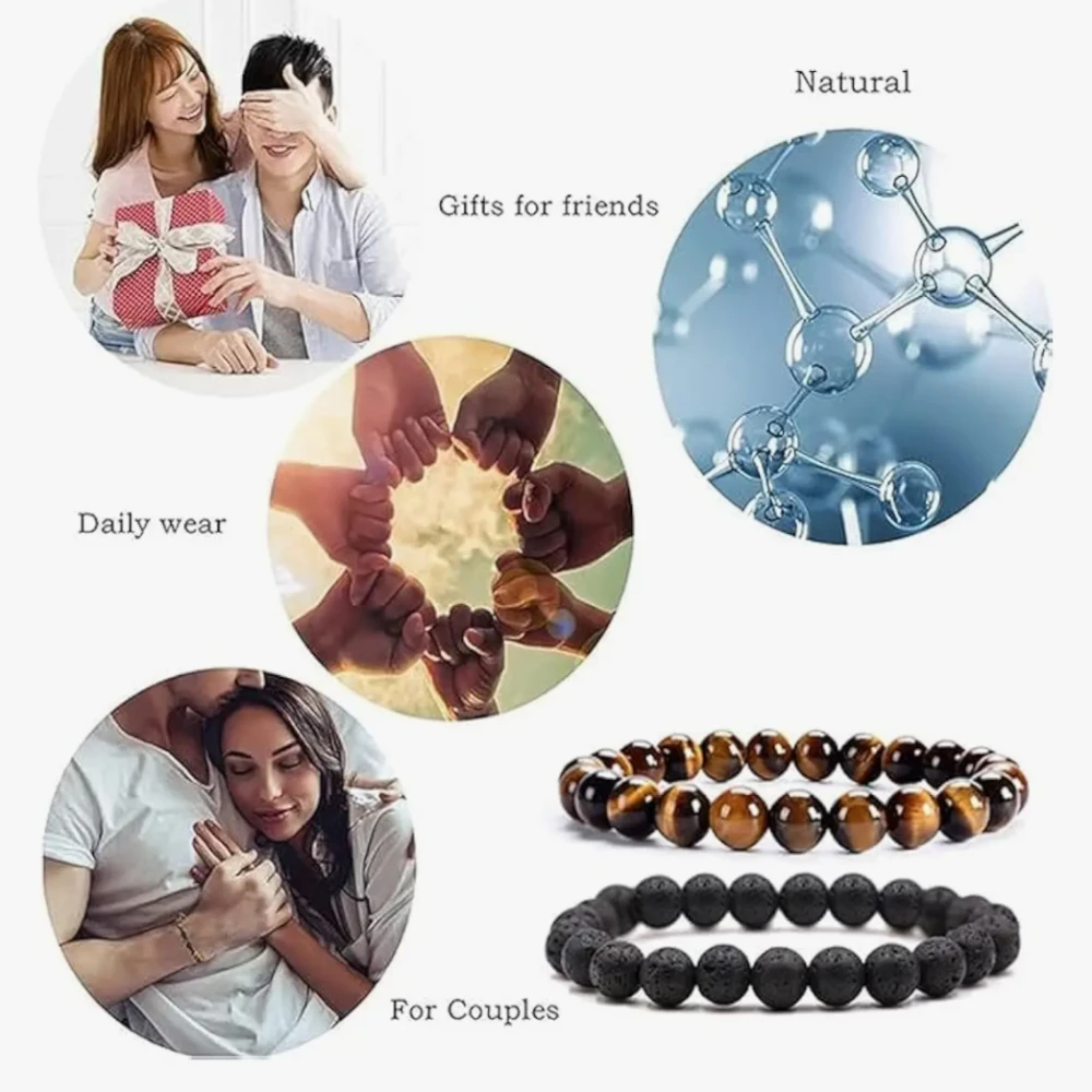 Agatesvibe 2 Pack Natural Stone Bracelets for Men, 8mm Tiger Eye | Lava Rock Stretch Beaded Bracelets for Adult Gifts Fathers Day Anniversary Jewelry Birthday Gifts for Women Men