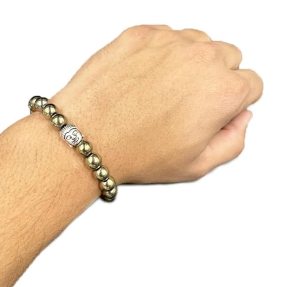 Agatesvibe Buddha Natural Crystal Healing Gemstone Chakra Bracelet Charm Jewelry for Men & Women, Bead Size 8 mm,(PAck of 1) (Hematite with Buddha Head)