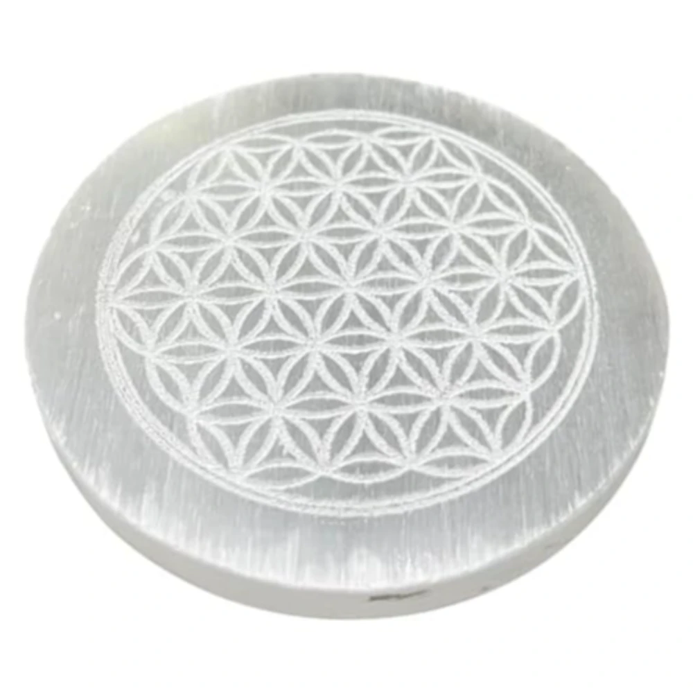 Agatesvibe Selenite Crystal Charging Plate – Engraved Sri Yantra Selenite Plate for Crystal Cleansing, Energy Recharging, & Pooja Rituals (Pack of 1) (Metatron Cube, 3 Inch)