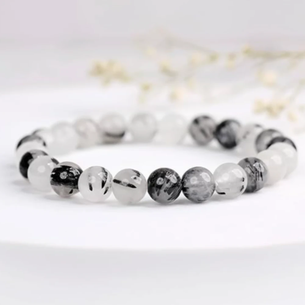 Agatesvibe Crystal Bracelet for Men & Women (8mm) | Gemstone Round Beads Bracelet for Girls | Elastic Casual Bracelet for Boys | Natural Reiki Feng Shui Healing Stone Bracelet for Unisex Adults (PAck of 1) (Black Rutilated)