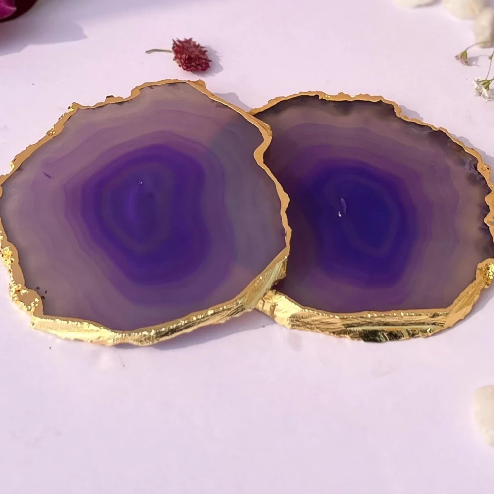 Agatesvibe Brazilian Agate Stone Coaster Beautiful Coaster Fit for Tea Cups Coffee Mugs and Glasses Perfect Table Accessories Tableware (2, Purple)