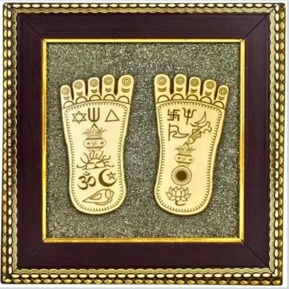 Agatesvibe MMA Laxmi Charan Paduka Frame with Raw Pyrite | Wooden Vastu Wall Decor for Living Room & Office | Original Pyrite Stone for Wealth, Prosperity, Protection, Money Attraction & Positive Energy