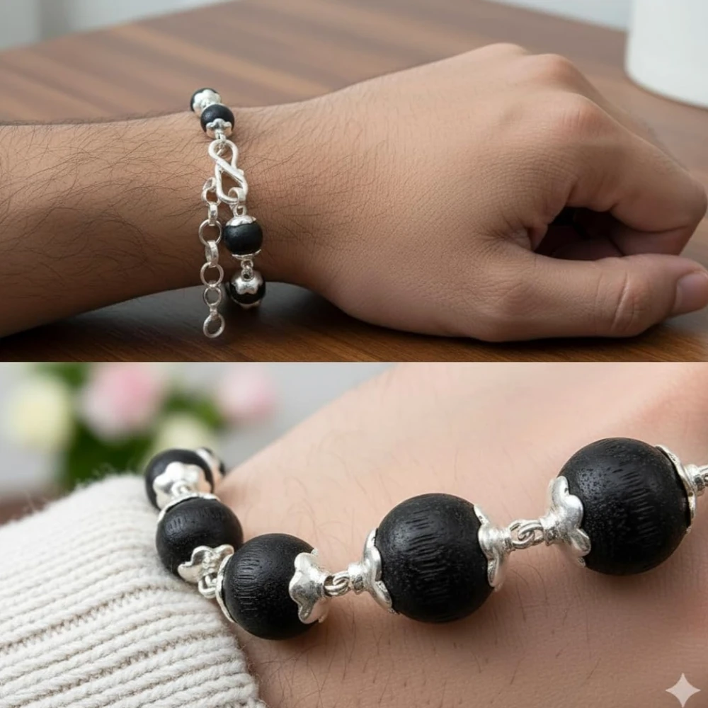 925 Silver Karungali Bracelet for Men & Women | Natural Ebony Wood Beads 7mm with Silver Capping | Adjustable Healing Bracelet with Length Extension Chain | Spiritual Protection Jewelry