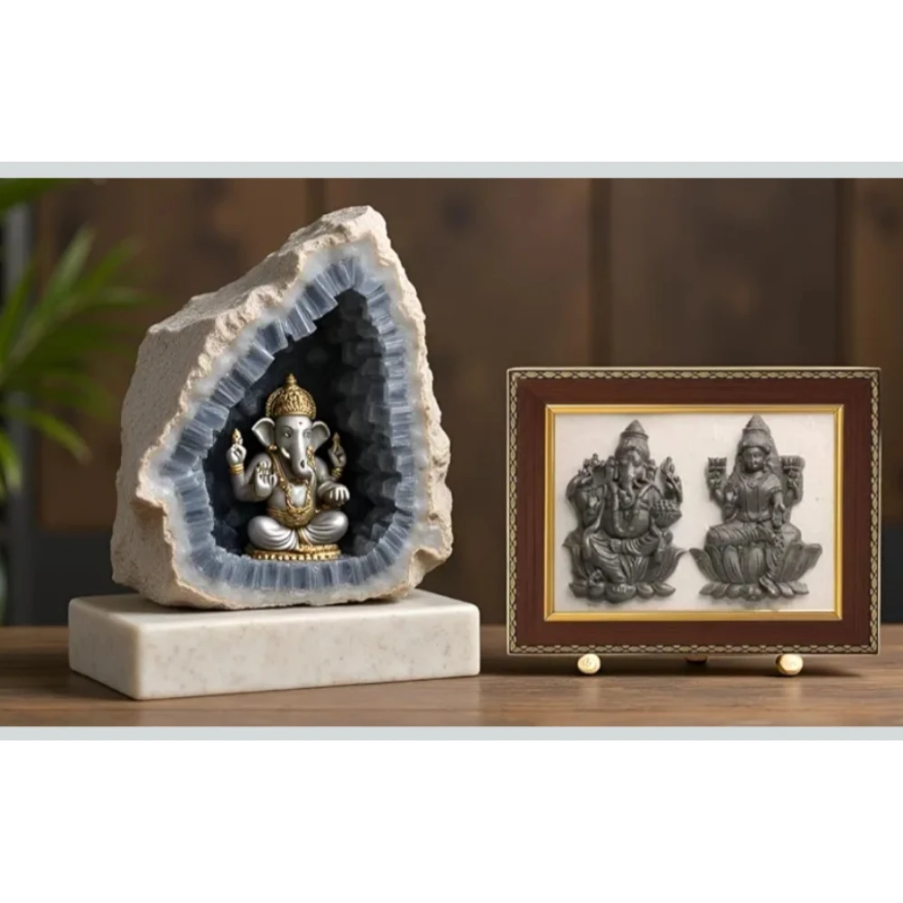 Agatesvibe Laxmi & Ganesh Frame with Selenite and Pyrite | Wooden Vastu Wall Decor for Living Room & Office | Original Pyrite Dust with Selenite for Wealth, Prosperity, Protection, Chakra Healing & Positive Energy