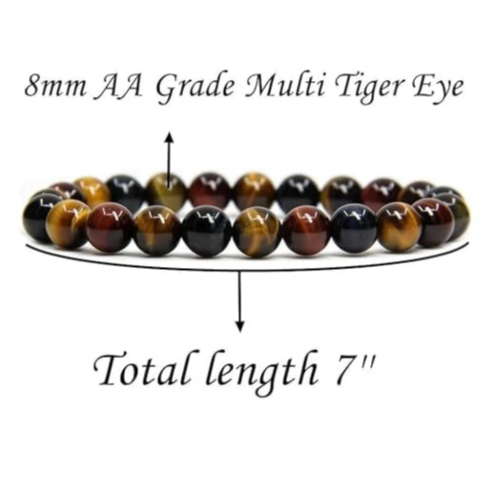Agatesvibe Handmade Semi-Precious Gemstone Beaded Bracelet – 8mm Round Stretch Bracelet (7") for Unisex (Pack of 1) (Multicolor Tiger Eye)