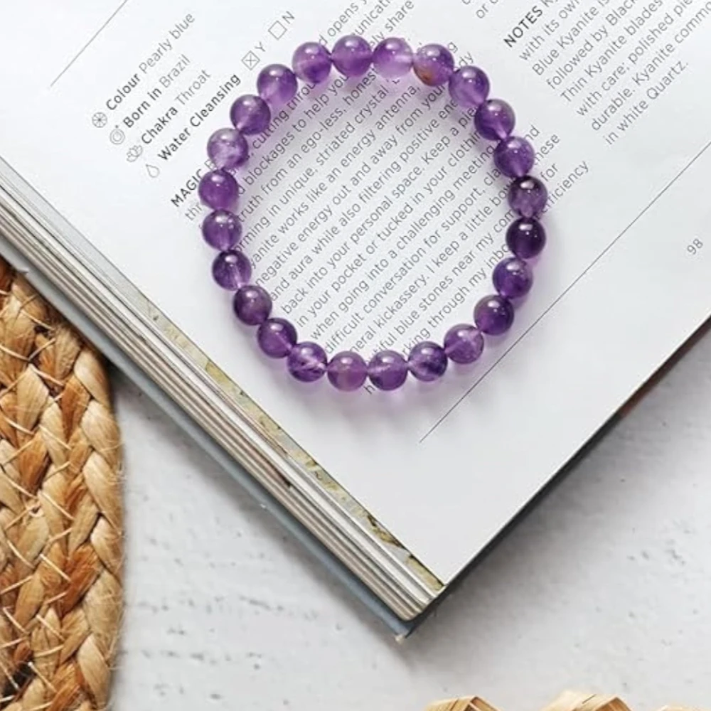 Agatesvibe Handmade Gem Semi Precious Gemstone 8mm Round Beads Stretch Bracelet (Amethyts)