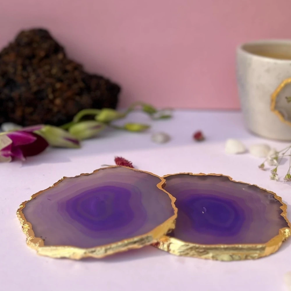 Agatesvibe Brazilian Agate Stone Coaster Beautiful Coaster Fit for Tea Cups Coffee Mugs and Glasses Perfect Table Accessories Tableware (4, Purple)