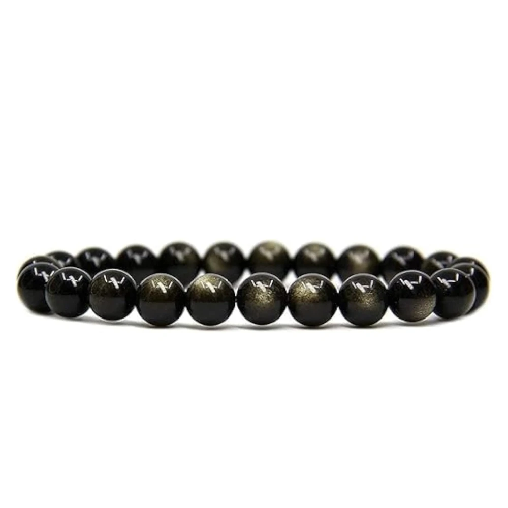Agatesvibe Handmade Semi-Precious Gemstone Beaded Bracelet – 8mm Round Stretch Bracelet (7") for Unisex (Pack of 1) (Golden Obsidian)