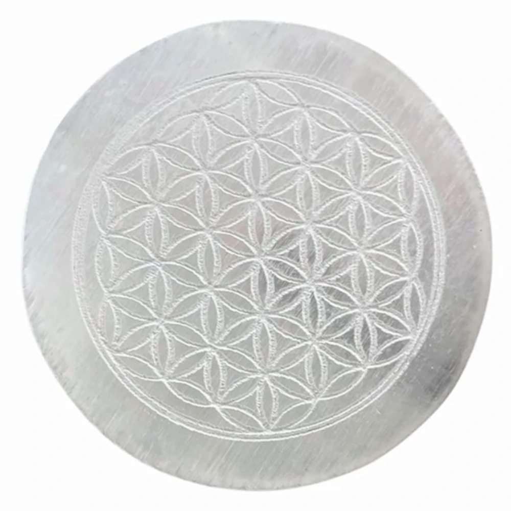 Agatesvibe Selenite Crystal Charging Plate – Engraved Sri Yantra Selenite Plate for Crystal Cleansing, Energy Recharging, & Pooja Rituals (Pack of 1) (Metatron Cube, 3 Inch)