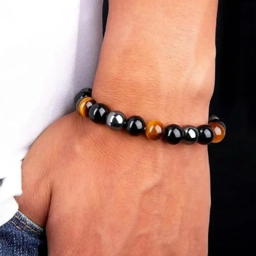 Agatesvibe Total Protection Crystal Bracelet Set for Men & Women – Tiger Eye, Black Obsidian, Hematite & Evil Eye – Real Healing Stones Adjustable Bracelet (Pack of 1)