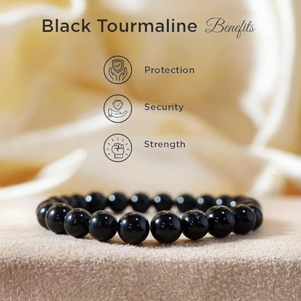 Agatesvibe Crystal Bracelet for Men & Women (8mm) | Gemstone Round Beads Bracelet for Girls | Elastic Casual Bracelet for Boys | Natural Reiki Feng Shui Healing Stone Bracelet for Unisex Adults (PAck of 1) (Black Tourmaline)