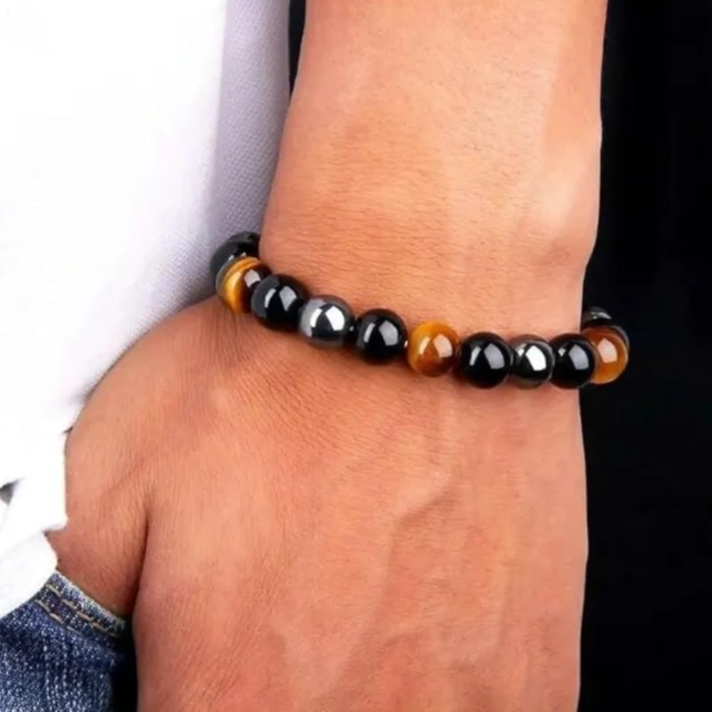 Agatesvibe Triple Protection Bracelet, Genuine Tigers Eye Black Obsidian and Hematite 8mm Beads Bracelet for Men Women, Crystal Jewelry Healing Bracelets Bring Luck and Prosperity and Happiness