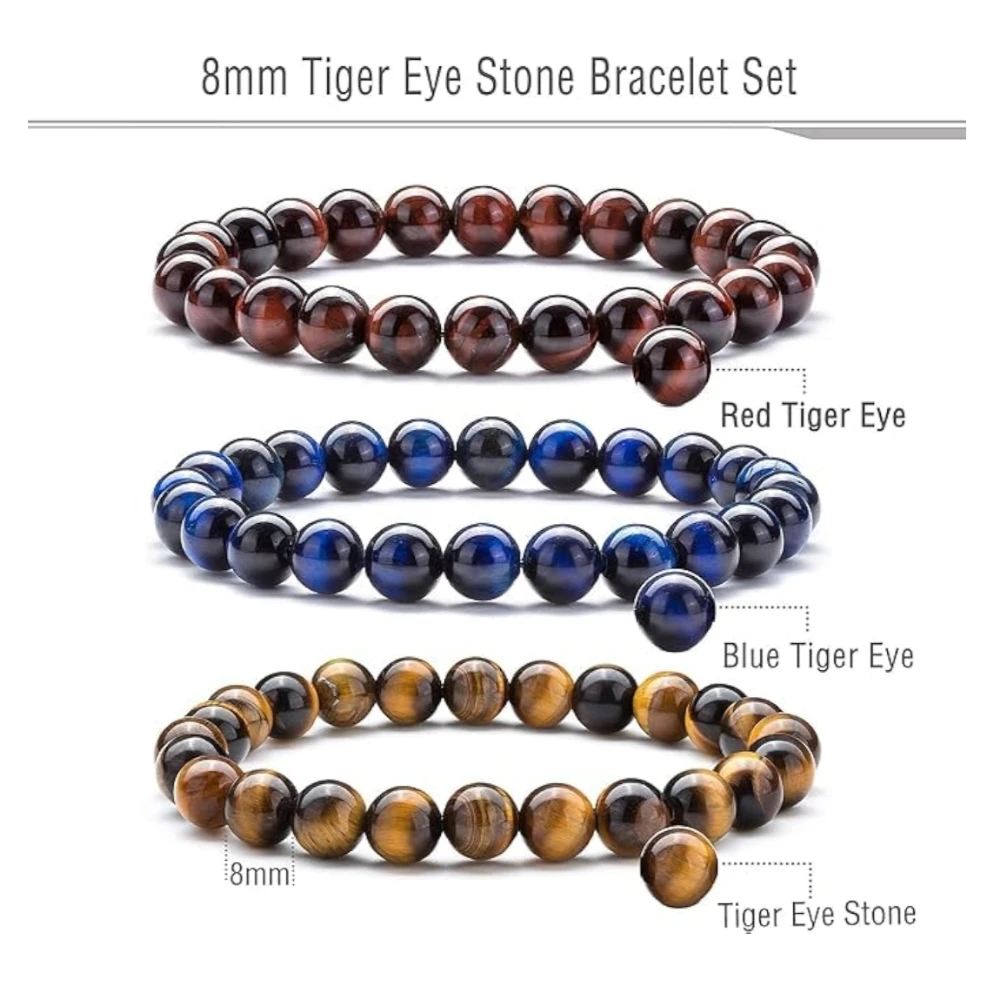 Agatesvibe "Men Women 8mm Natural Stone Beads Bracelet – Elastic Agate Yoga Healing Energy Bracelet Bangle – Unisex Boho Jewelry for Meditation & Balance (3 Pcs Set Tiger Eye)