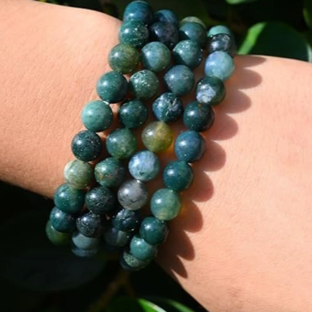 Agatesvibe Natural Certified 8mm Healing Crystal Bracelet | Stretchable, Suitable for Men and Women | for Chakra Balancing, Inner Peace, Abundance, and overall Well-being (Pack of 1) (Moss Agate)