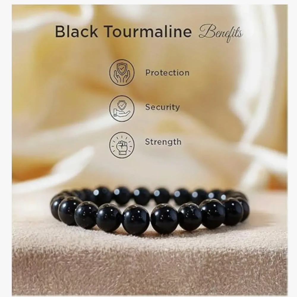 Agatesvibe Handmade Gem Semi Precious Gemstone 8mm Round Beads Stretch Bracelet (Black Tourmaline)