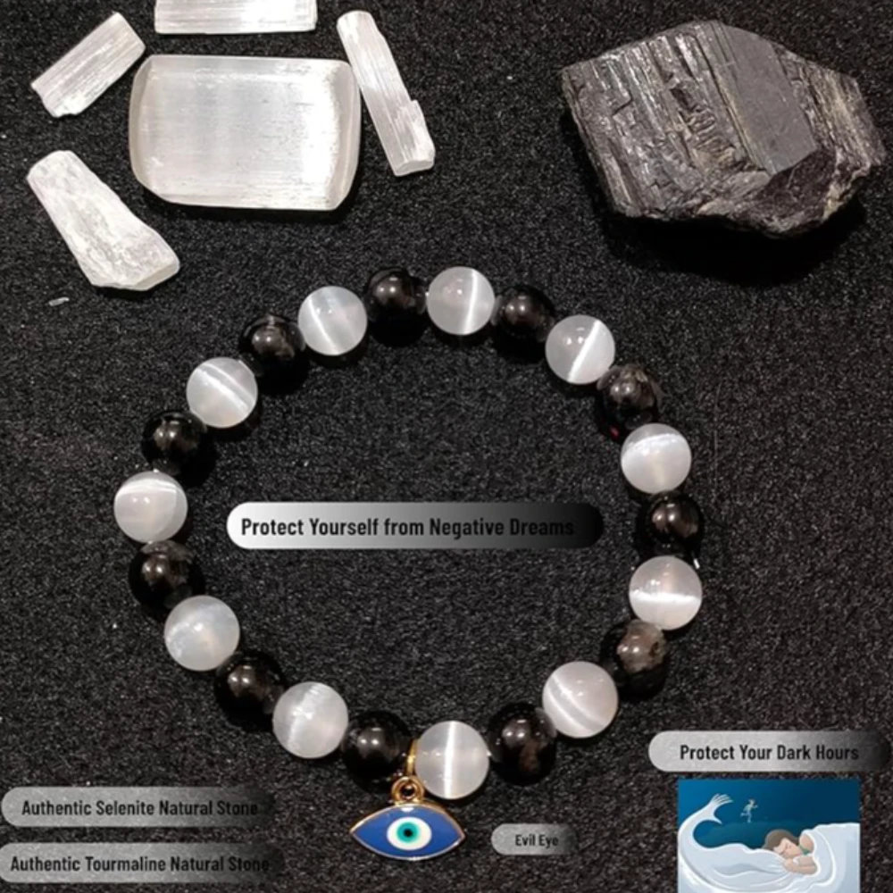 Agatesvibe Negative Dream Protection Bracelets: Black Tourmaline and Selenite Natural Stones (Pack of 1)