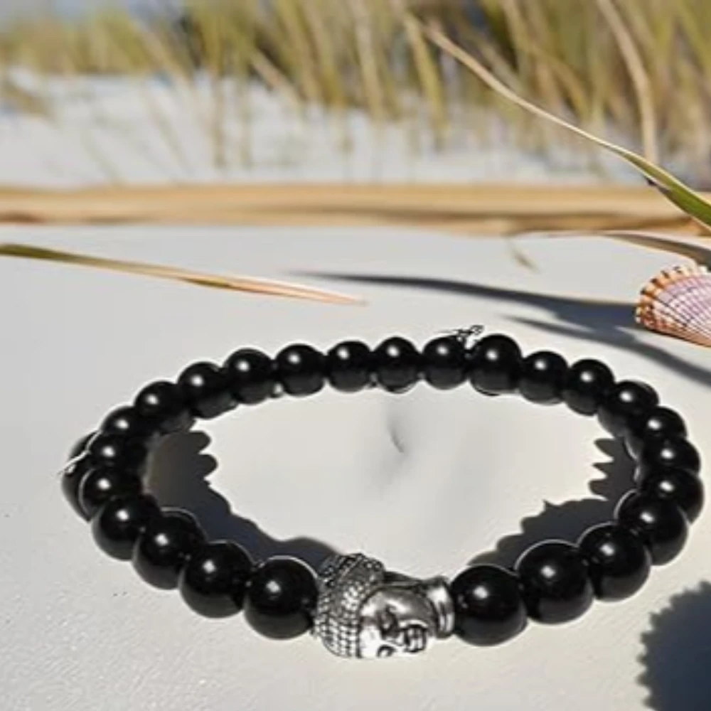 Agatesvibe Buddha Natural Crystal Healing Gemstone Chakra Bracelet Charm Jewelry for Men & Women, Bead Size 8 mm,(PAck of 1) (Black Onyx with Buddha Head)