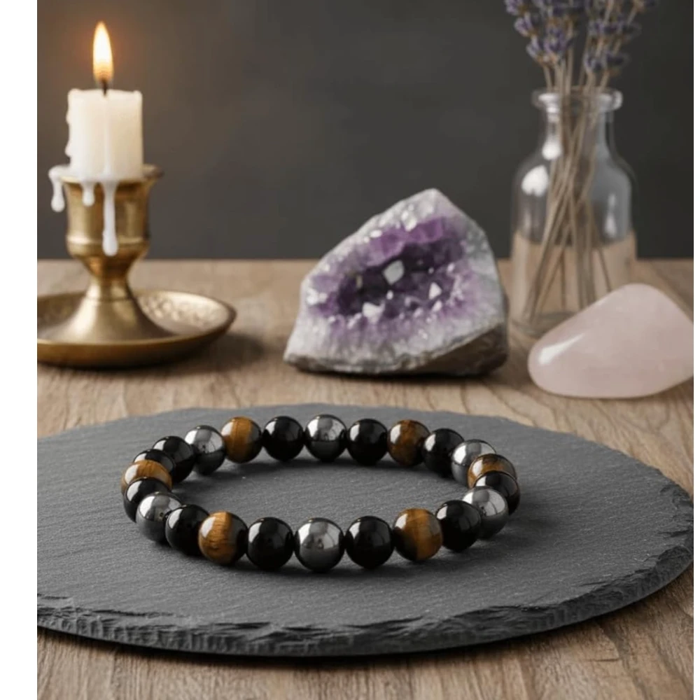 Certified Original Triple Protection Bracelet – Hematite, Obsidian & Tiger Eye Crystal with Activation Card, Authenticity Certificate, Negative Energy Protection for Men & Women