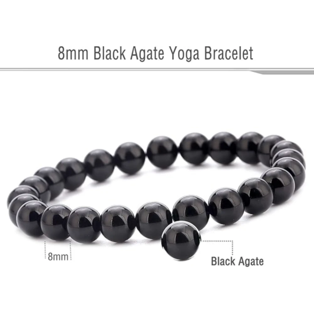 Agatesvibe "Men Women 8mm Natural Stone Beads Bracelet – Elastic Agate Yoga Healing Energy Bracelet Bangle – Unisex Boho Jewelry for Meditation & Balance (Black Agate)
