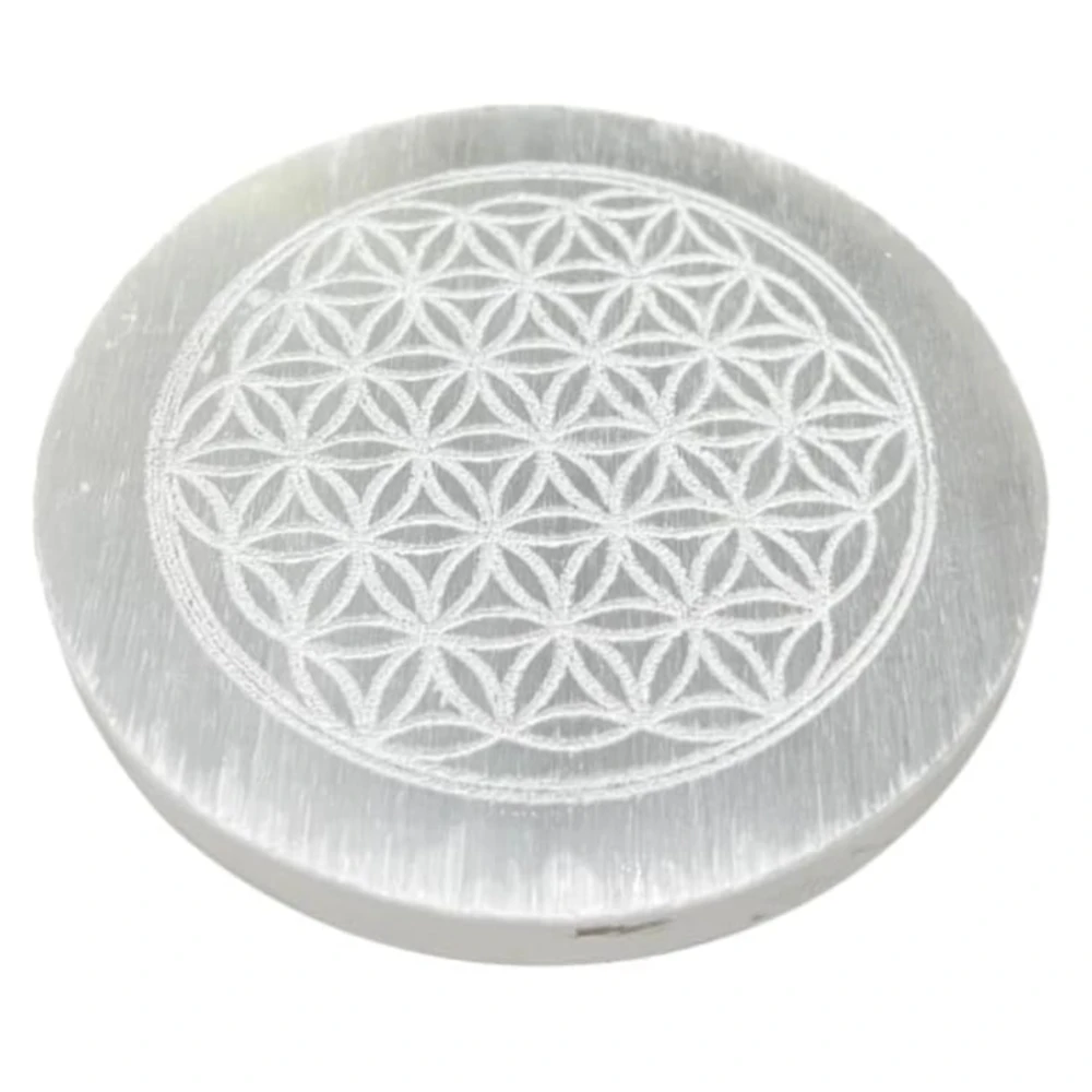 Agatesvibe Selenite Crystal Charging Plate – Engraved Sri Yantra Selenite Plate for Crystal Cleansing, Energy Recharging, & Pooja Rituals (Pack of 1) (Flower of Life, 3 Inch)