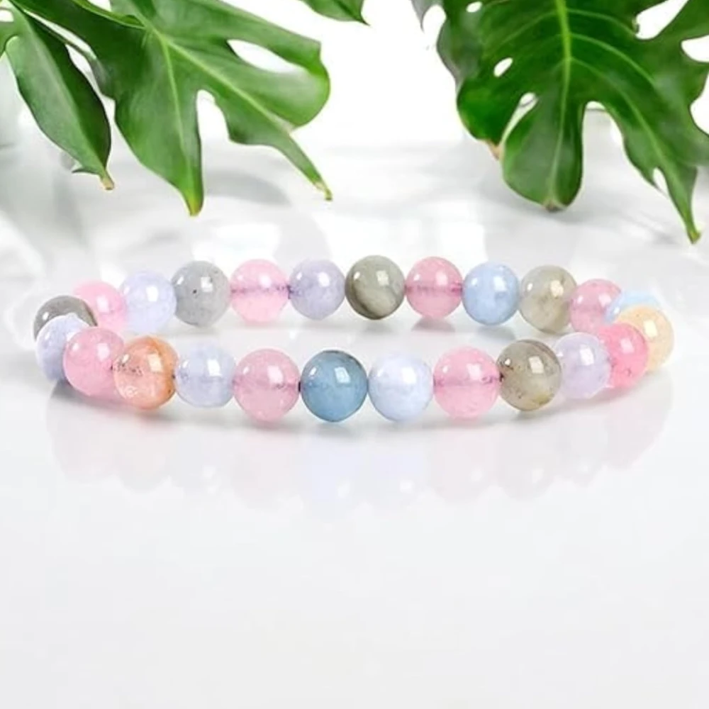 Agatesvibe Natural Certified 8mm Healing Crystal Bracelet | Stretchable, Suitable for Men and Women | for Chakra Balancing, Inner Peace, Abundance, and overall Well-being (Pack of 1) (Morganite)