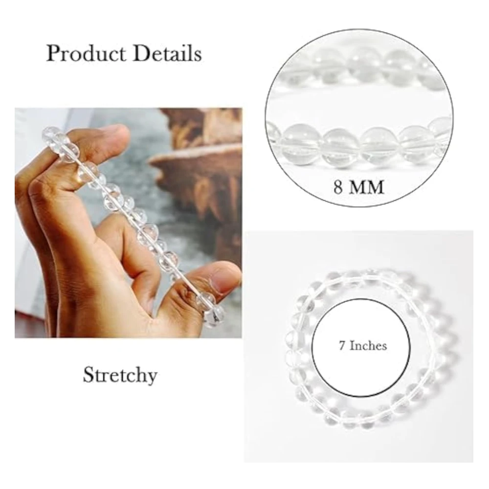 Agatesvibe Handmade Gem Semi Precious Gemstone 8mm Round Beads Stretch Bracelet (Clear Quartz)