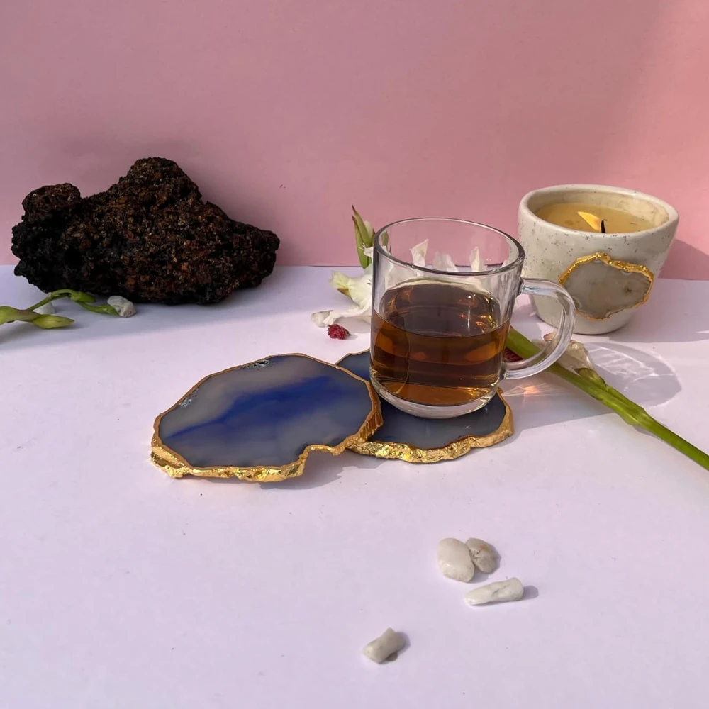 Agatesvibe Brazilian Agate Stone Coaster Beautiful Coaster Fit for Tea Cups Coffee Mugs and Glasses Perfect Table Accessories Tableware (4, Blue)