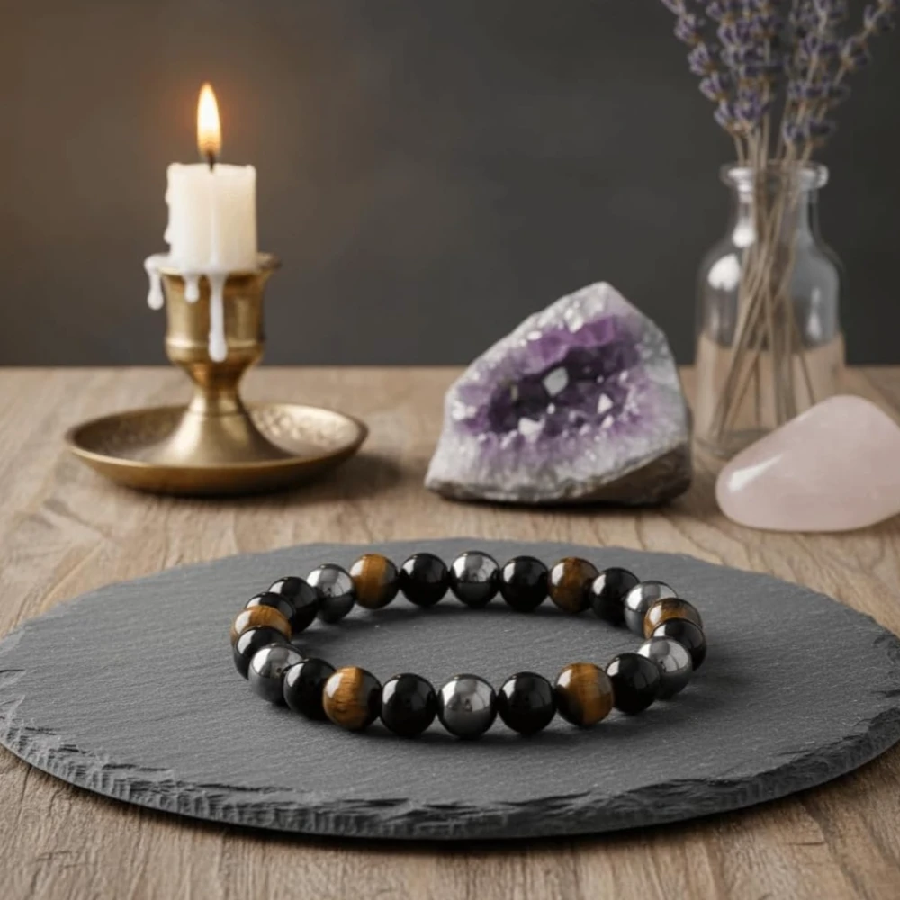 Certified Original Triple Protection Bracelet – Hematite, Obsidian & Tiger Eye Crystal with Activation Card, Authenticity Certificate, Negative Energy Protection for Men & Women