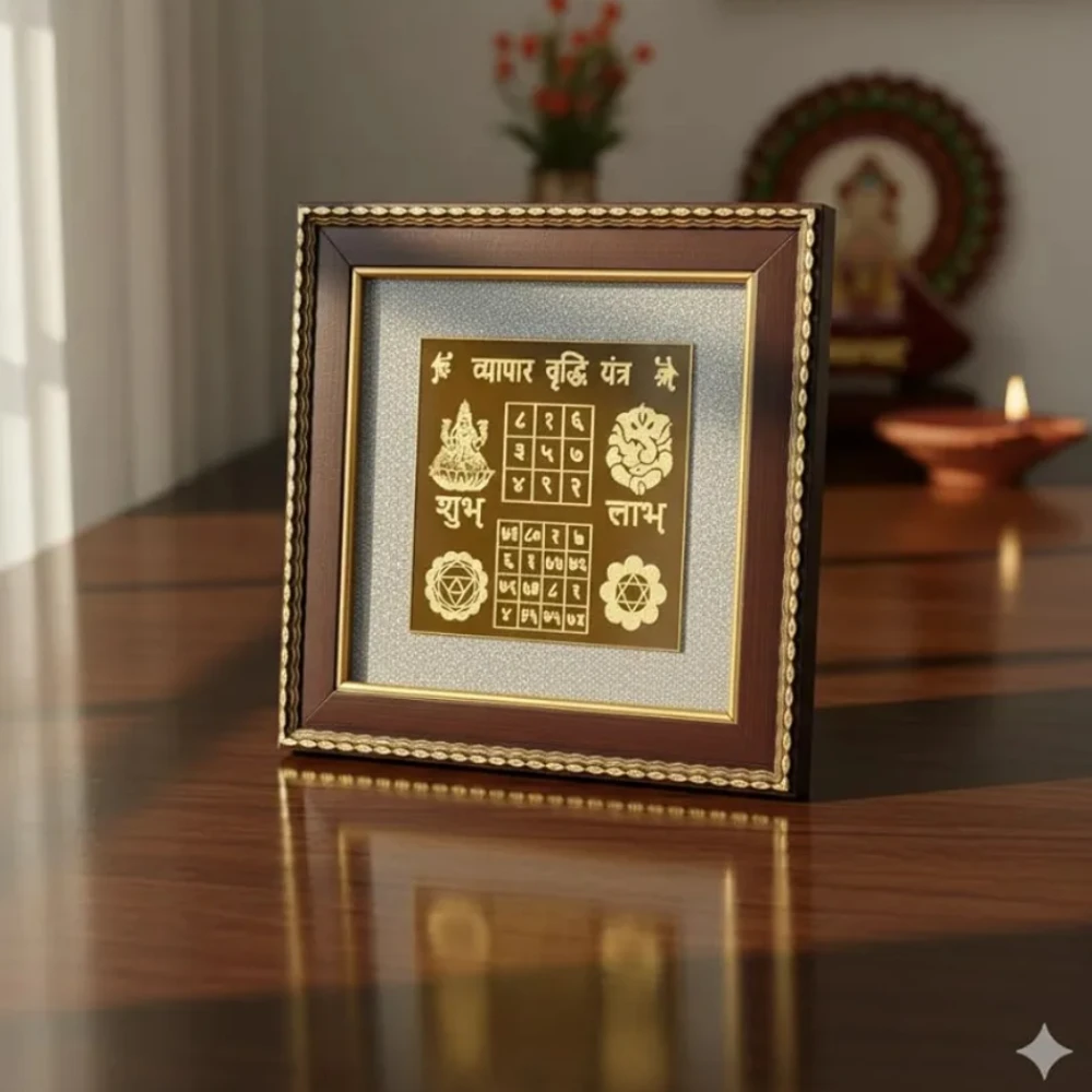 Agatesvibe Vyapar Vriddhi Yantra Pyrite Stone Frame with Sun | Wooden Vastu Wall Decor for Living Room | Original Pyrite Dust for Money, Prosperity, Protection & Chakra Healing, Success & Positive Energy