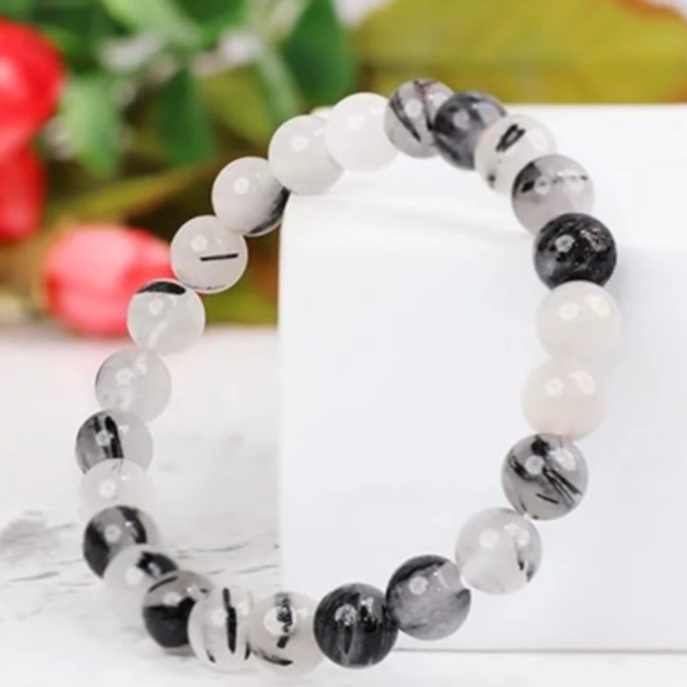 Agatesvibe Handmade Gem Semi Precious Gemstone 8mm Round Beads Stretch Bracelet (Black Rutilated)