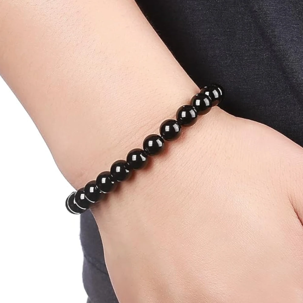 Agatesvibe "Men Women 8mm Natural Stone Beads Bracelet – Elastic Agate Yoga Healing Energy Bracelet Bangle – Unisex Boho Jewelry for Meditation & Balance (Blue Sand & Black Agate)