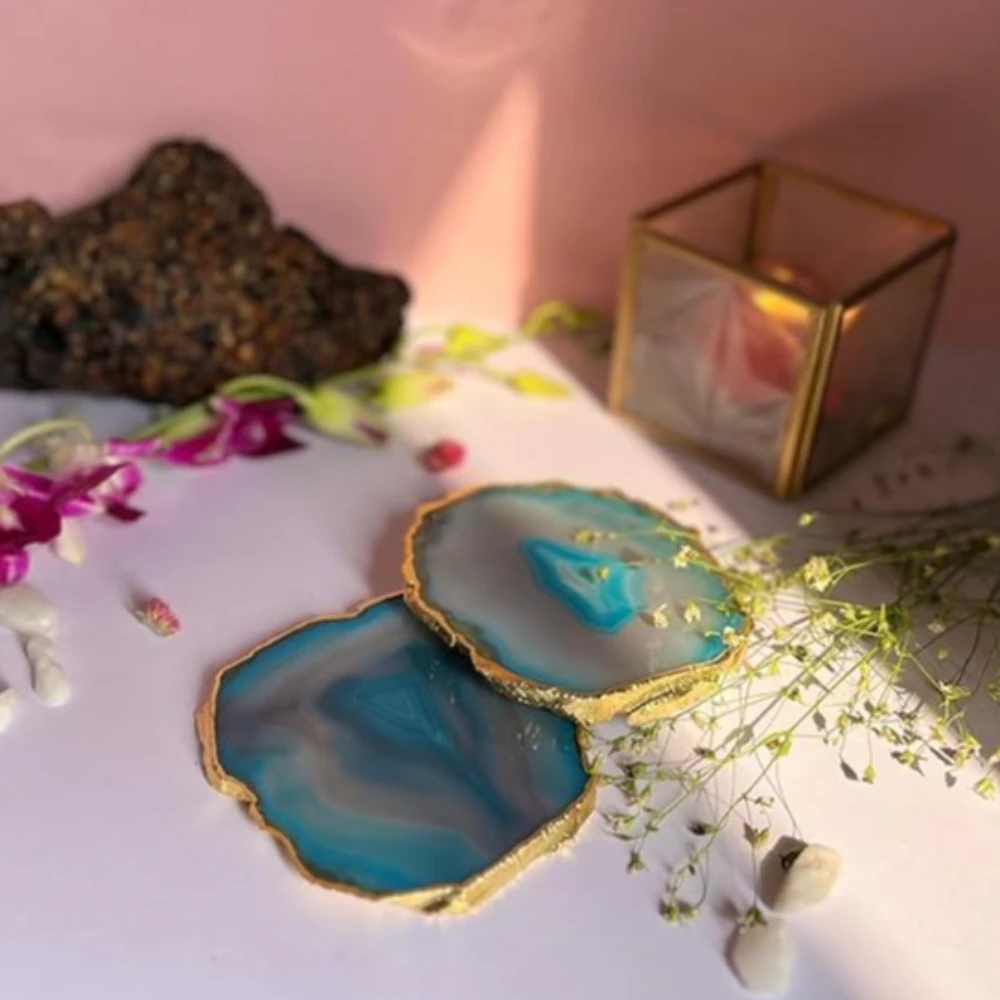 Agatesvibe Brazilian Agate Stone Coaster Beautiful Coaster Fit for Tea Cups Coffee Mugs and Glasses Perfect Table Accessories Tableware (4, Turquoise)