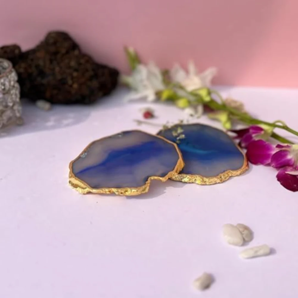 Agatesvibe Brazilian Agate Stone Coaster Beautiful Coaster Fit for Tea Cups Coffee Mugs and Glasses Perfect Table Accessories Tableware (5, Blue)