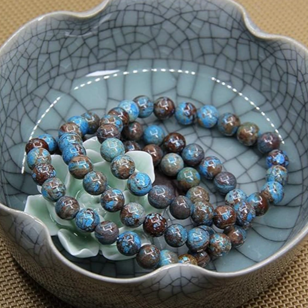 Agatesvibe Handmade Gem Semi Precious Gemstone 8mm Round Beads Stretch Bracelet 8mm Bead Size (Blue Wood Veins Jasper)