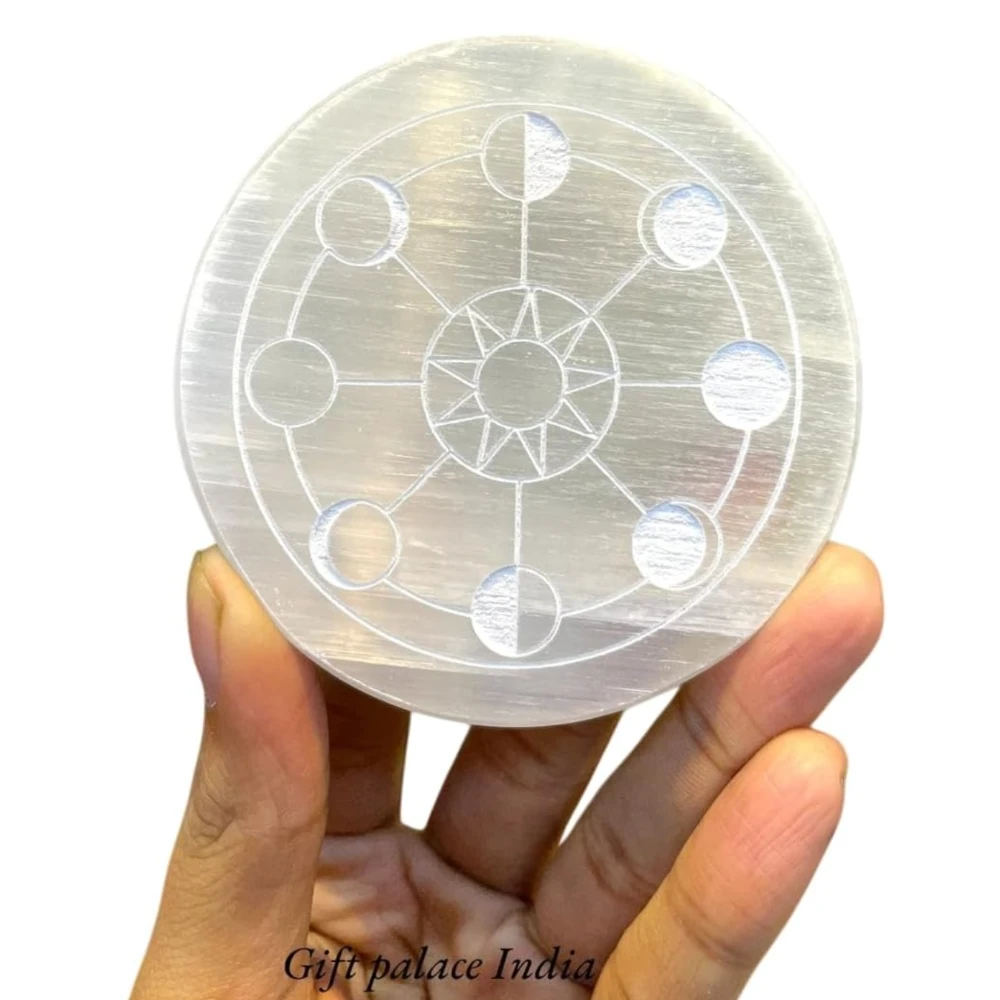 Agatesvibe Handcrafetd Natural Selenite Charging Plate in Round Shape with Engraved Symbol of Charkras Selenite Charging Plate for Postive Energy and Charger (Selenite Cleansing Plate)