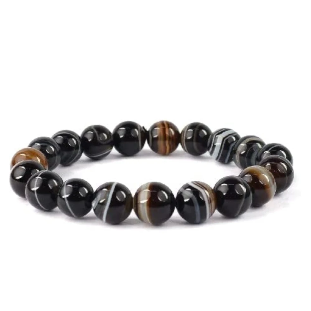 Agatesvibe Handmade Gem Semi Precious Gemstone 8mm Round Beads Stretch Bracelet (Black Sulemani)