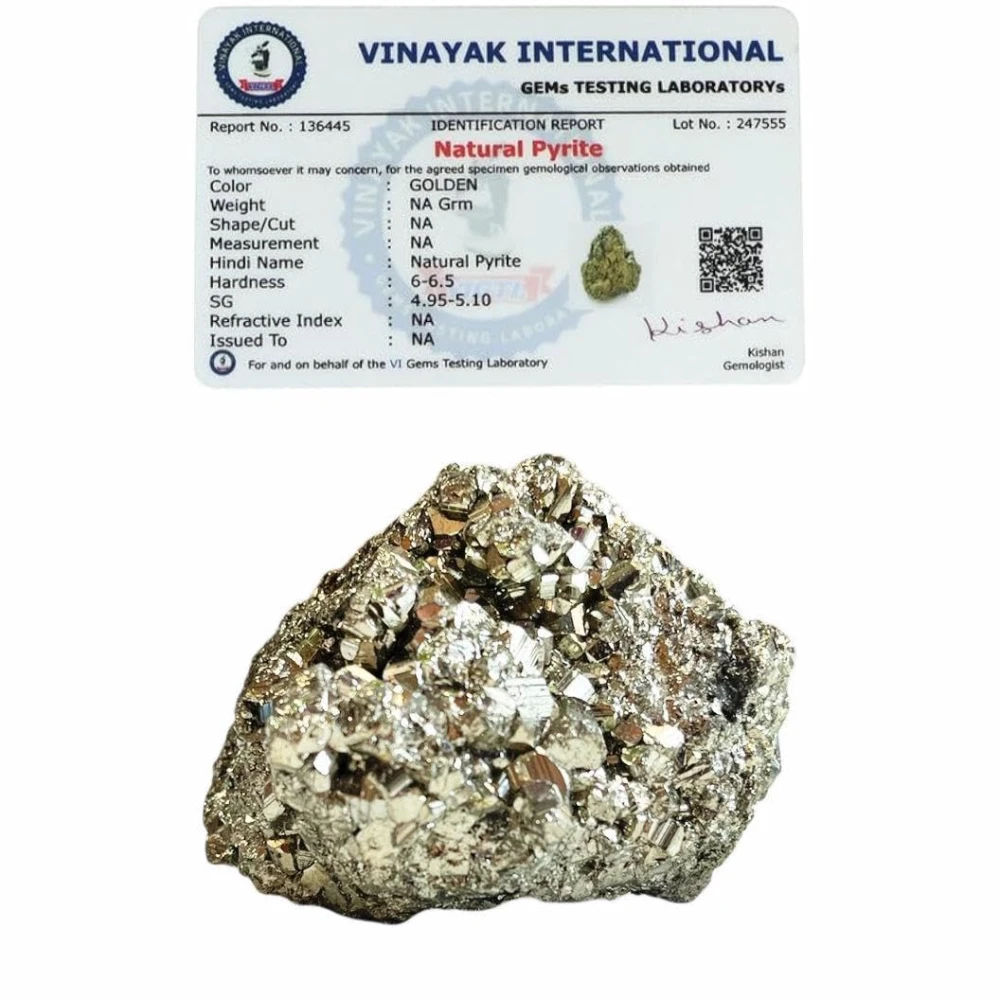 Agatesvibe Natural Energised Golden Pyrite Cluster Grade - Original Stone for Healing, Willpower, Money Manifestation, Vastu, and Business - Certified (Pack Of 1) (80-120 Gram)