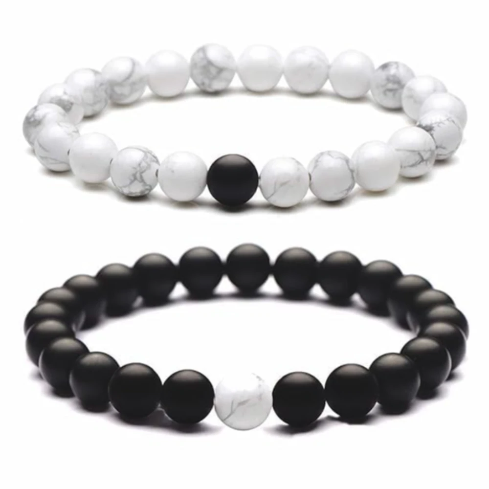 Agatesvibe "2 Pcs Black & White Natural Stone Beaded Bracelet Set | Healing Reiki Feng Shui Couple Bracelets for Men & Women | BFF, Valentine's Gift, Unisex Jewelry