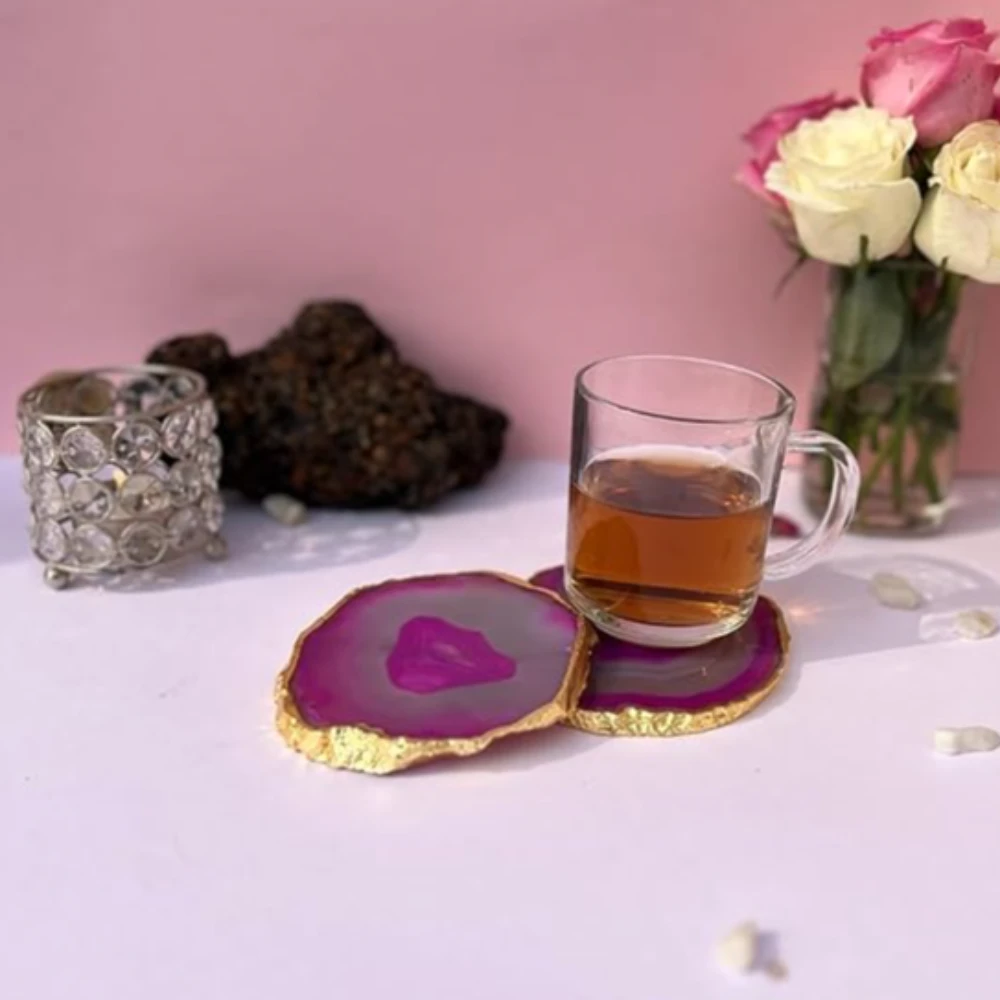 Agatesvibe Brazilian Agate Stone Coaster Beautiful Coaster Fit for Tea Cups Coffee Mugs and Glasses Perfect Table Accessories Tableware (4, Pink)