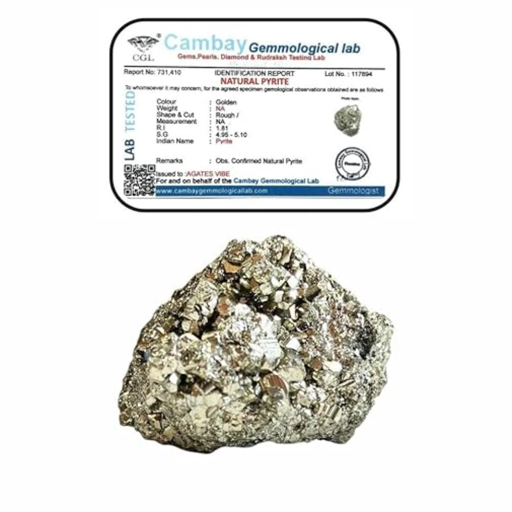 Agatesvibe Natural Energised Golden Pyrite Cluster Grade - Original Stone for Healing, Willpower, Money Manifestation, Vastu, and Business - Certified (Pack Of 1) (Pyrite 120-180 Gram Cluster Pyrite)