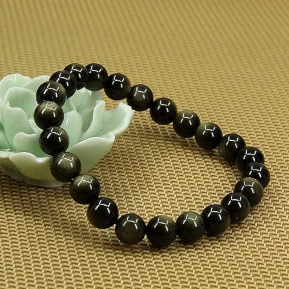 Agatesvibe Handmade Semi-Precious Gemstone Beaded Bracelet – 8mm Round Stretch Bracelet (7") for Unisex (Pack of 1) (Golden Obsidian)