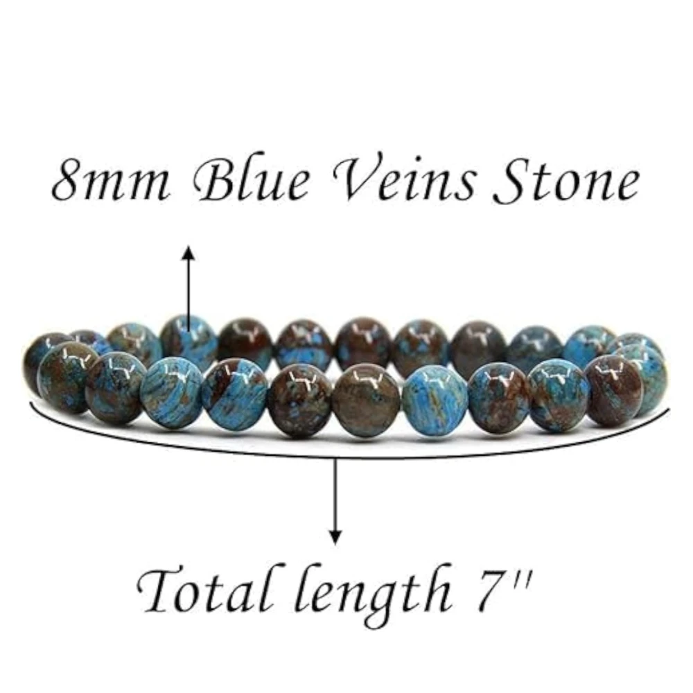 Agatesvibe Handmade Semi-Precious Gemstone Beaded Bracelet – 8mm Round Stretch Bracelet (7") for Unisex (Pack of 1) (Blue Wood Veins Jasper)