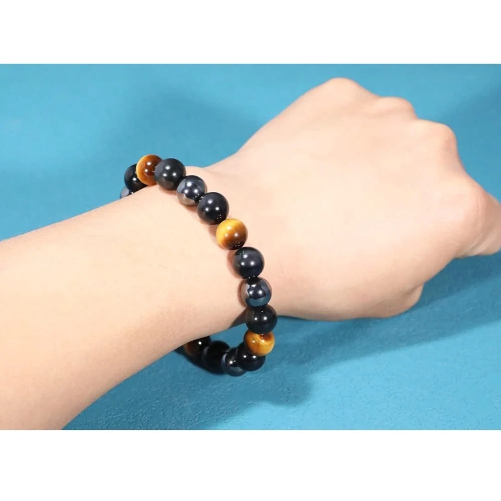 Agatesvibe Total Protection Crystal Bracelet Set for Men & Women – Tiger Eye, Black Obsidian, Hematite & Evil Eye – Real Healing Stones Adjustable Bracelet (Pack of 1)