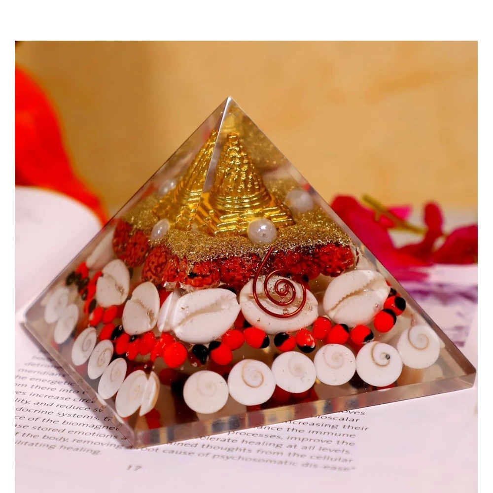 Agatesvibe Laxmi Pyramid 90mm Original Certified – Orgonite Shree Yantra Pyramid with Gomati Chakra, Rudraksha, Cowrie Kodi – Vastu Pooja Item for Home, Good Luck, Money & Wealth Attraction