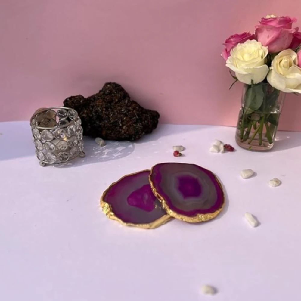 Agatesvibe Brazilian Agate Stone Coaster Beautiful Coaster Fit for Tea Cups Coffee Mugs and Glasses Perfect Table Accessories Tableware (4, Pink)