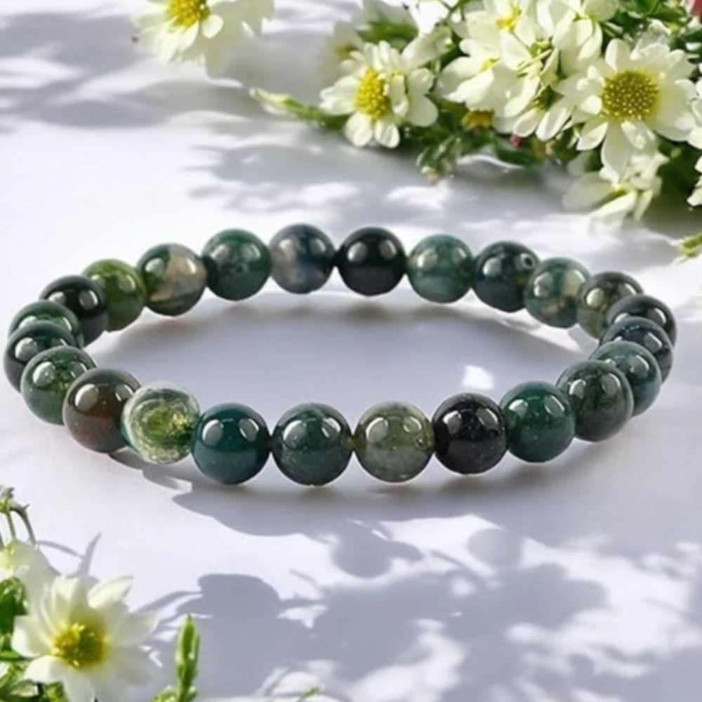 Agatesvibe Natural Certified 8mm Healing Crystal Bracelet | Stretchable, Suitable for Men and Women | for Chakra Balancing, Inner Peace, Abundance, and overall Well-being (Pack of 1) (Moss Agate)
