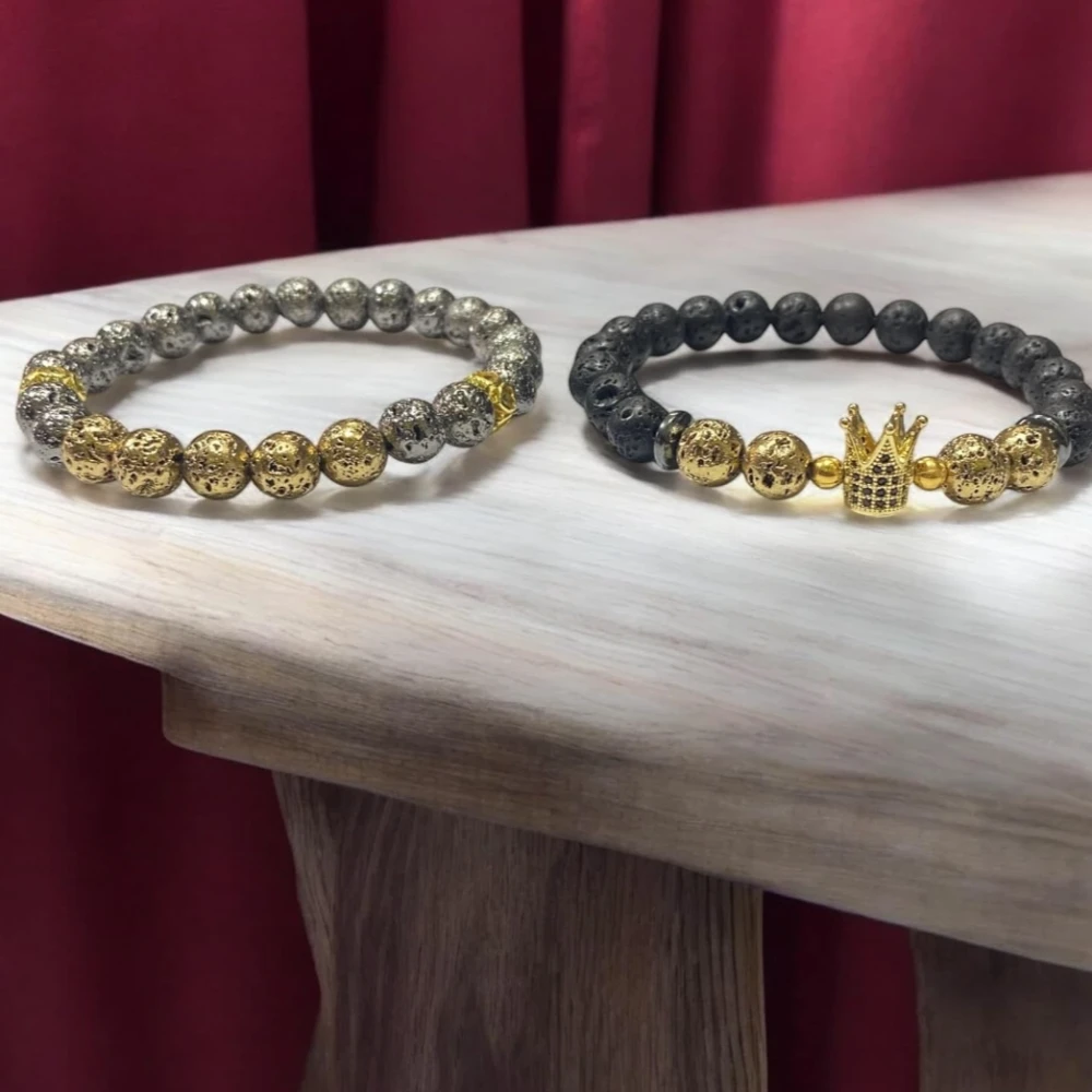 Agatesvibe Kings and Queens Golden and Silver Lava Stone Bracelets Drop your Favourite fragrance into Lava Stone and Gift that Your Loved One (Pack of 2)