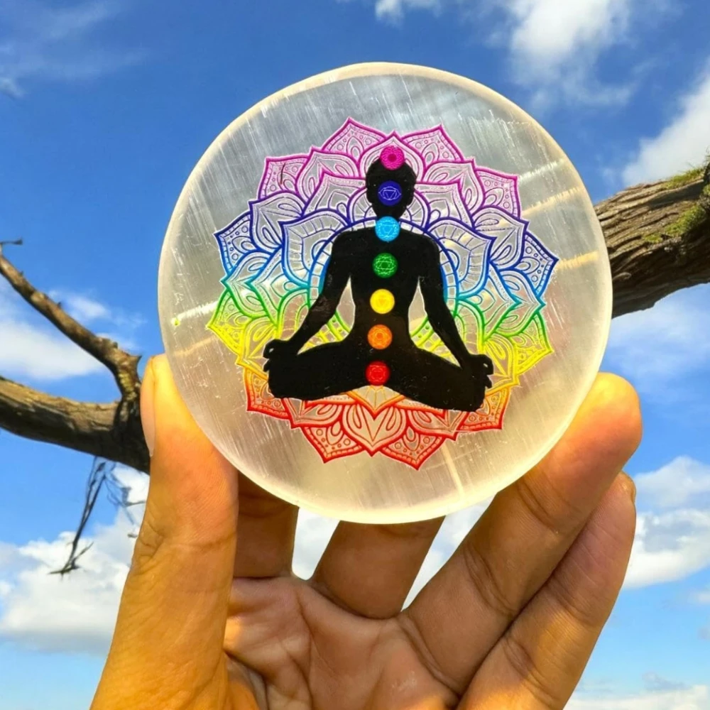Agatesvibe Selenite Charging 3D Carved 7 Chakra Plate – Vastu, Meditation, Home Décor, Pooja & Manifestation | Honest Crystal Agate Protection II Home & Office II 3 Inch (Pack of 1)