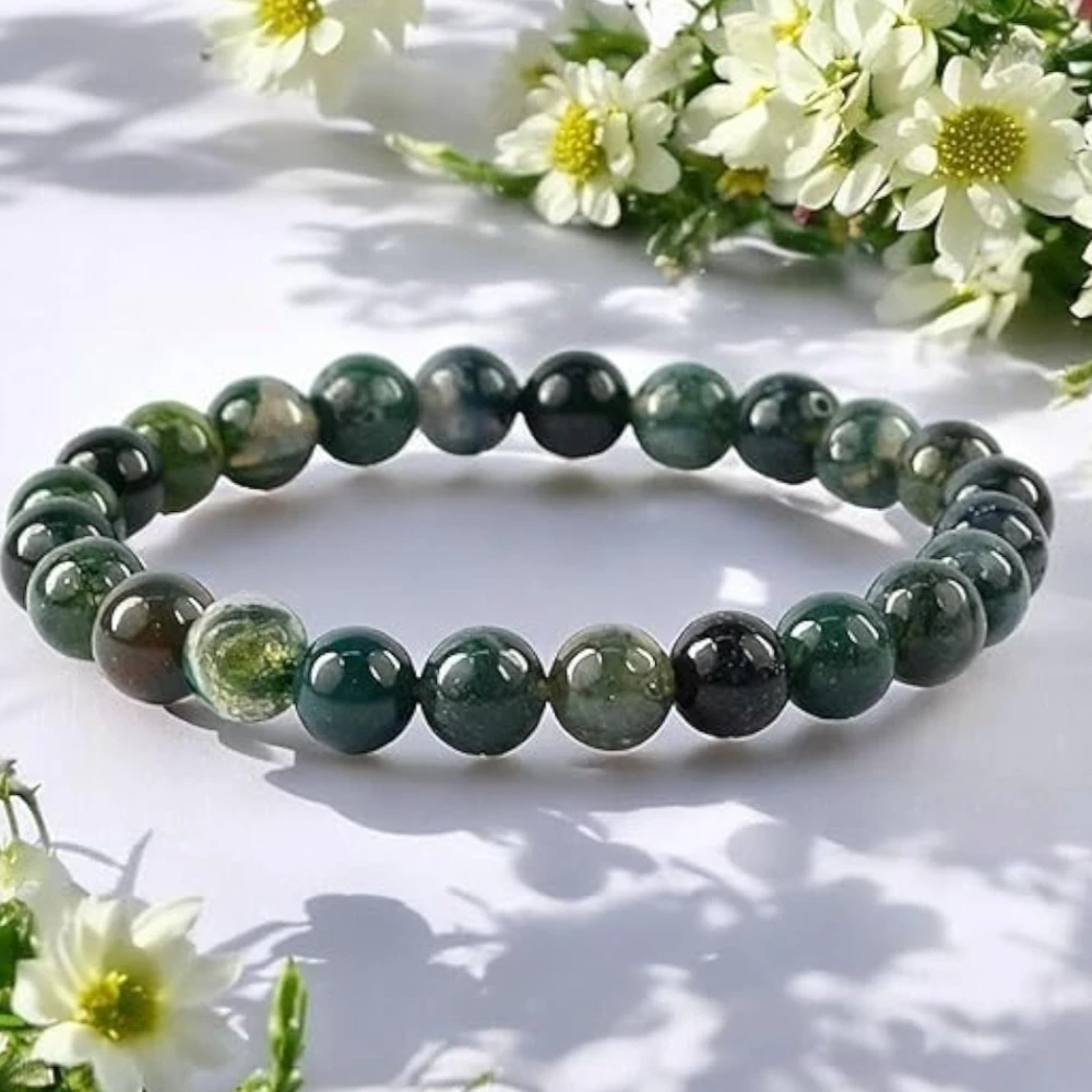 Agatesvibe Natural Certified 8mm Healing Crystal Bracelet | Unisex Stretchable Design | Chakra Balancing, Inner Peace & Abundance for Overall Well-being (Pack of 1) (Moss Agate)