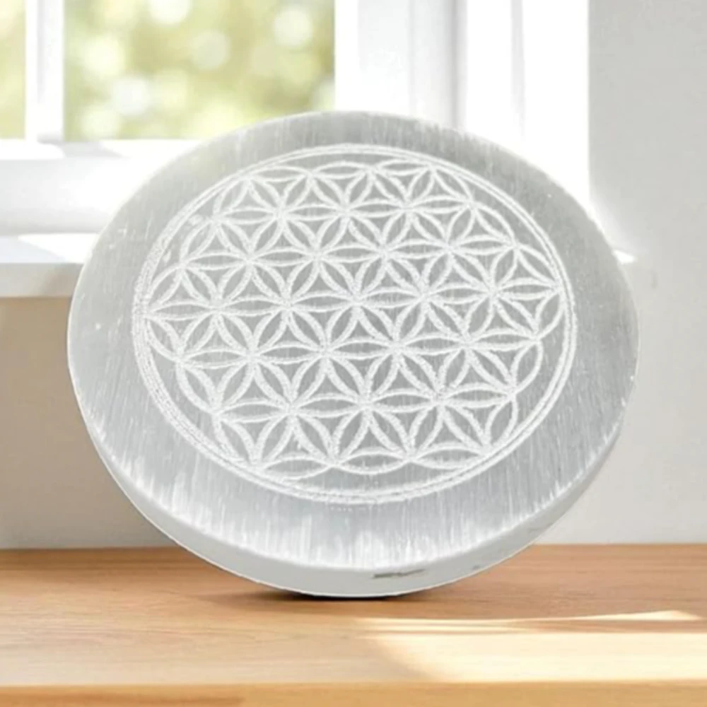 Agatesvibe Selenite Crystal Charging Plate – Engraved Sri Yantra Selenite Plate for Crystal Cleansing, Energy Recharging, & Pooja Rituals (Pack of 1) (Metatron Cube (Platonic Solid), 4 Inch)